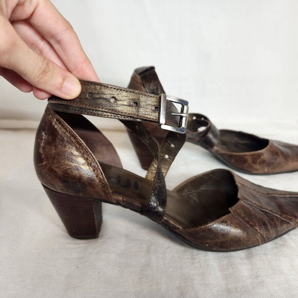 Fidji Womens Metallic Brown Leather Point Toe Heels Cross Straps Size 37.5 - Picture 7 of 10